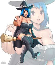  1girl bare_shoulders blue_hair boots breasts broom candy cape cleavage curvy erkaz female flying halloween hat huge_breasts legs looking_at_viewer miniskirt open_mouth original red_eyes rina_atherina sitting skirt smile solo thigh-highs wide_hips witch witch_hat 