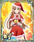  1girl asuna_(sao) belt bow bowtie box brown_eyes brown_hair capelet card_(medium) dress gift gift_box hat holding long_hair looking_at_viewer number red_bow red_dress red_hat santa_hat smile solo star sword sword_art_online weapon wrist_cuffs 