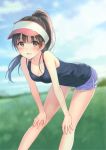  1girl :d absurdres bangs bare_arms bare_legs bare_shoulders bent_over blue_shorts blue_sky blunt_bangs blurry_background blush breasts brown_hair cleavage clouds collarbone day downblouse eyebrows eyebrows_visible_through_hair fukahire_sanba hands_on_own_knees hanging_breasts highres legs_apart looking_at_viewer meadow medium_breasts open_mouth original outdoors ponytail red_eyes scan short_shorts shorts sky sleeveless smile solo standing sweat tank_top tareme translation_request visor_cap 