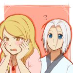  1boy 1girl arslan arslan_senki blonde_hair blue_eyes blush dress etoile_(arslan_senki) jewelry long_hair necklace open_mouth pink_background short_hair white_hair yellow_eyes 