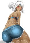  1girl ass attila_(fate/grand_order) bandeau bare_back blush breasts dark_skin fate/extella fate/extra fate/grand_order fate_(series) food hairband highres hitotsuki_nebura looking_back mouth_hold pocky red_eyes solo strapless sweat tied_hair white_hair 
