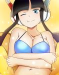  1girl bikini black_hair blue_eyes breasts coat gym_leader happy headphones kamitsure_(pokemon) pokemon pokemon_(game) wink 