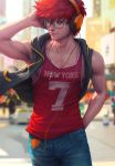  1boy 707_(susanghan_messenger) arm_behind_back blurry cellphone collarbone denim depth_of_field glasses hand_behind_head headphones highres hood hood_down jeans light looking_to_the_side male_focus muscle pants phone realistic red_eyes redhead signature smartphone smile solo stanley_lau susanghan_messenger tank_top vest 