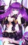  1girl 2015 blue_eyes breasts cleavage dated demon_wings eyebrows eyebrows_visible_through_hair felicia-val frilled_skirt frills horns large_breasts long_hair looking_at_viewer navel original purple_hair signature skirt solo wings 