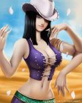  1girl alabasta arm_up armlet bangs bare_shoulders black_hair blue_eyes blue_shirt blue_sky breasts bustier cleavage clouds cloudy_sky collarbone cowboy_hat crop_top desert extra_arms female fingernails hana_hana_no_mi hat impossible_clothes impossible_shirt iury_padilha laces large_breasts lips long_hair looking_at_viewer midriff navel nico_robin one_piece outdoors pants parted_lips petals sand shirt sky sleeveless sleeveless_shirt smile solo upper_body watermark white_hat 