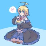  1girl ahoge akairiot blonde_hair blue_eyes braid breasts dress es_(xblaze) es_(xblaze_code:_embryo) food looking_at_viewer pudding seiza sitting solo spoon 