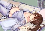  1girl bra_strap breasts brown_eyes brown_hair cleavage clenched_hand cowboy_shot female irohasu kaga_(kantai_collection) kantai_collection large_breasts looking_at_viewer lying on_back on_bed pajamas panties parted_lips pillow side_ponytail sketch solo underwear 