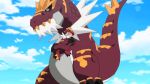  1girl animated animated_gif falling pokemon pokemon_(anime) tyrantrum 