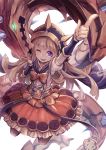  1girl :p arm_up belt blonde_hair boots bow cagliostro_(granblue_fantasy) commentary_request dragon dress glowing glowing_eyes granblue_fantasy halloween long one_eye_closed pink_dress sleepwear smile solo tomoyohi tongue tongue_out violet_eyes white_background 