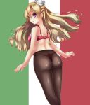  1girl ass blonde_hair blush bra from_behind highres italian_flag kantai_collection long_hair looking_back panties panties_under_pantyhose pantyhose red_panties solo thong topless underwear violet_eyes wasd_(mild1020) zara_(kantai_collection) 