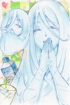  1boy blue_hair blush bottle bubbles cup fruit jellyfish lemon long_hair male_focus mikuni_(orenchi_no_furo_jijou) monster_boy orenchi_no_furo_jijou solo water 
