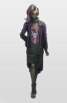  1girl asymmetrical_hair casual full_body highres jacket looking_at_viewer multicolored_hair mynare overwatch skirt solo sombra_(overwatch) turtleneck two-tone_hair undercut 