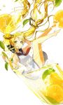  1girl barefoot blonde_hair cup dress falling floating_hair food fruit hatsune_miku highres ice ice_cube in_container in_cup leaf long_hair minigirl sailor_dress sogawa66 solo twintails very_long_hair vocaloid white_background yellow_eyes 