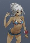  1girl attila_(fate/grand_order) bare_shoulders bikini_top bodypaint collarbone dark_skin denim denim_shorts fate/extella fate/extra fate/grand_order fate_(series) flower hair_bun mins_(minevi) navel red_eyes shorts silver_hair 