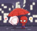  1boy 1girl blush_stickers bodysuit breasts building chibi dated gwen_stacy heart hood kuso_white marvel night peter_parker rain signature spider-gwen spider-man spider-man_(series) spoken_heart superhero umbrella 