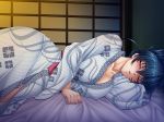  1girl blue_hair blush breasts cleavage female green_eyes igawa_asagi japanese_clothes kagami_hirotaka large_breasts lilith-soft on_bed robe sleeping solo taimanin_asagi taimanin_asagi_battle_arena 