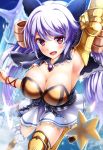  1girl armpits breasts cleavage fantasy female granblue_fantasy hair_ornament highresarima_kouichi large_breasts long_hair looking_at_viewer miniskirt open_mouth purple_hair red_eyes skirt solo thigh-highs 