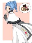  1girl ange_serena blue_eyes blue_hair blush capelet dress frills jewelry long_hair necklace pink_background ponytail ribbon smile tales_of_(series) tales_of_innocence 