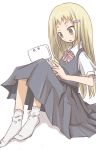  1girl black_skirt blonde_hair hair_ornament hairclip handheld_game_console nintendo nintendo_3ds pleated_skirt qt_project red_ribbon ribbon simple_background skirt socks solo white_background white_footwear yellow_eyes 