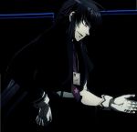  black_dress black_hair drifters easy_(drifters) id_card long_hair necktie short_sleeves star stitched uneven_sleeves white_gloves 