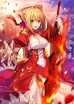  1girl :d aestus_estus bangs blurry blush braid breasts depth_of_field dress epaulettes eyebrows_visible_through_hair fate/extra fate_(series) fire french_braid fuyuki_(neigedhiver) hair_bun hair_intakes hair_ribbon highres holding holding_sword holding_weapon juliet_sleeves long_sleeves looking_at_viewer medium_breasts nero_claudius_(fate) nero_claudius_(fate)_(all) open_mouth outstretched_hand petals puffy_sleeves red_dress ribbon sidelocks smile solo sword weapon 