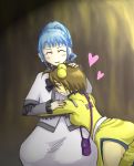  2girls ahoge ange_serena ass blue_hair blush breasts brown_hair capelet closed_eyes dress frills hair_ornament heart hug multiple_girls norma_beatty open_mouth ponytail ribbon short_hair smile tales_of_(series) tales_of_innocence tales_of_legendia 