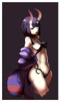  1girl absurdres blue_eyes border breasts cropped_legs eyebrows eyebrows_visible_through_hair eyeliner fate/grand_order fate_(series) gem head_tilt highres kion-kun looking_at_viewer makeup medium_breasts navel off_shoulder oni oni_horns parted_lips shuten_douji_(fate/grand_order) solo 