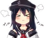  &gt;_&lt; 1girl akatsuki_(kantai_collection) anchor_symbol black_hair blush closed_eyes commentary_request eyebrows eyebrows_visible_through_hair flat_cap hat kantai_collection long_hair long_sleeves pout school_uniform serafuku solo sulking tosura-ayato translation_request 