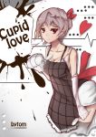  1girl absurdres apron bent_over breasts cleavage dress frown gloves grey_hair hair_ornament hair_ribbon hairclip heart highres large_breasts original paw_gloves red_eyes ribbon solo spoon thigh-highs tom23579 white_dress 
