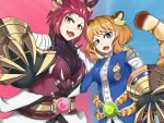  2girls animal_ears belt blonde_hair breasts claw_(weapon) dragon_girl duel_monster highres large_breasts looking_at_viewer multiple_girls open_mouth redhead tail tiger_girl violet_eyes yellow_eyes yu-gi-oh! yuu-gi-ou_duel_monsters zipper zoodiac_drancia zoodiac_tigress 