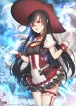  1girl black_hair breasts cleavage detached_collar frilled_skirt frills gloves hair_between_eyes hat kyjsogom leg_garter long_hair looking_at_viewer miniskirt multiple_tails original red_eyes skirt solo tail thigh-highs very_long_hair watermark web_address white_gloves white_legwear 