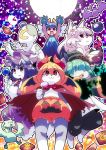  5girls androgynous artist_request breasts cat dog eye_covering fox furry glasses green_hair halloween halloween_costume hat long_hair multiple_girls open_mouth orange_hair outdoors paws purple_hair red_eyes short_hair sky white_hair 