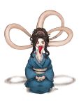  1girl artist_request brown_hair japanese_clothes kimono long_neck long_tongue looking_at_viewer monster_girl obi rokurokubi sash seiza simple_background sitting slit_pupils tongue tongue_out white_background yellow_sclera 