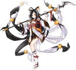  1girl ahoge ara_han asura_(elsword) black_hair detached_sleeves dress elsword full_body hair_ornament heterochromia holding holding_weapon long_hair looking_at_viewer official_art polearm red_eyes smile solo transparent_background weapon white_legwear wrist_cuffs yellow_eyes 