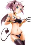  1girl ahoge aoba_(kantai_collection) armlet bare_shoulders bikini black_legwear blue_eyes blush breasts choker cleavage collarbone demon_horns demon_tail demon_wings gunner_(stardustgunner) halloween halloween_costume heart heart_tail horns kantai_collection looking_at_viewer midriff navel pink_hair pitchfork polearm ponytail purple_bikini scrunchie short_hair simple_background smile solo standing swimsuit tail thigh-highs trident weapon white_background wings wrist_cuffs 