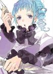  1girl ange_serena blue_hair capelet dress frills long_hair open_mouth ponytail ribbon tales_of_(series) tales_of_innocence violet_eyes weapon 