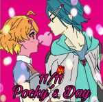  1boy 1girl blue_hair breasts embarrassed food freyja_wion hayate_immelmann highpressure_c macross macross_delta multicolored_hair pocky pocky_day two-tone_hair 