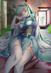  1girl aqua_hair blush breasts fate/grand_order fate_(series) futon hair_ornament head_tilt horns japanese_clothes kimono kiyohime_(fate/grand_order) lantern large_breasts long_hair looking_at_viewer maxwell_manzoku paper_lantern sitting smile solo thigh-highs white_legwear yellow_eyes 