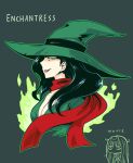  1girl baragon black_hair breasts character_name chibi cleavage dc_comics enchantress_(dc) green_background green_eyes hat lipstick long_hair makeup portrait scarf simple_background solo suicide_squad witch_hat 