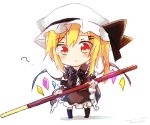  1girl ? blonde_hair blush chibi commentary_request flandre_scarlet fran_(shironeko_project) hair_ornament hairclip hat holding looking_at_viewer pocky_day red_eyes simple_background size_difference solo tagme tosura-ayato touhou white_background wings 