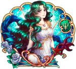  1girl armlet bishoujo_senshi_sailor_moon deep_aqua_mirror dress elena_ivlyushkina flower green_eyes green_hair jewelry kaiou_michiru long_hair necklace neptune_symbol rose smile solo starfish wavy_hair white_dress 