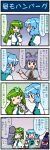  3girls 4koma =d animal_ears artist_self-insert blue_hair breasts capelet cellphone cellphone_camera closed_eyes comic commentary_request detached_sleeves dress food fork frog gradient gradient_background green_eyes green_hair grey_dress grey_hair hair_ornament highres jewelry juliet_sleeves karakasa_obake knife kochiya_sanae large_breasts long_hair long_sleeves mizuki_hitoshi mouse_ears multiple_girls nazrin necklace open_mouth phone puffy_sleeves real_life_insert red_eyes sitting smile snake_hair_ornament sweat table tatara_kogasa touhou translation_request umbrella |_| 