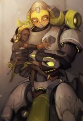  2girls artist_name black_hair brown_background brown_gloves child closed_eyes cowboy_shot crop_top dark_skin efi_oladele facepaint full_body gloves grey_background headphones headwear heart highres holding looking_at_viewer matilda_vin multiple_girls no_mouth omnic on_shoulder orisa_(overwatch) overwatch robot shirt signature sleeveless sleeveless_shirt smile v very_dark_skin white_shirt 