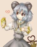  1girl :3 animal_ears basket buttons capelet closed_mouth eyebrows eyebrows_visible_through_hair frilled_capelet frills grey_hair grey_skirt hair_between_eyes heart heart_tail holding juliet_sleeves long_sleeves mouse mouse_ears mouse_tail nazrin puffy_sleeves red_eyes shirt short_hair simple_background skirt skirt_set solo tail tikano touhou upper_body 