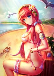  1girl ass beach bell bikini bird blue_eyes bracelet breasts eyebrows eyebrows_visible_through_hair flower footprints from_side hair_flower hair_ornament highres jewelry long_hair looking_at_viewer mafuyu_(867208837) megurine_luka number outdoors redhead side-tie_bikini sideboob sitting solo swimsuit thigh_strap under_boob untied untied_bikini vocaloid white_bikini white_flower 