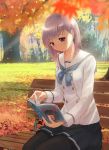  1girl autumn autumn_leaves bench black_legwear blue_ribbon blue_skirt hair_ornament hairclip ikeda_jun_(mizutamari) lavender_hair light_smile long_hair long_sleeves looking_down manga_(object) original pantyhose park_bench pleated_skirt reading ribbon school_uniform serafuku skirt solo tree violet_eyes 