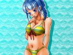  1girl ange_serena bare_shoulders bikini blue_eyes blue_hair blush breasts cleavage long_hair midriff navel open_mouth ponytail swimsuit tales_of_(series) tales_of_innocence 