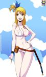 1girl bikini blonde_hair breasts brown_eyes clouds fairy_tail female hair_ribbon key kyoffie large_breasts long_hair lucy_heartfilia midriff navel open_mouth ribbon smile solo swimsuit 