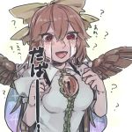  1girl :d ? bird_wings bow brown_hair brown_wings cape crying crying_with_eyes_open hair_bow long_hair open_mouth red_eyes reiuji_utsuho short_sleeves slit_pupil smile snot solo streaming_tears tears third_eye touhou wings yoshii_tachiko 