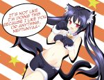  1girl animal_ears bell black_hair breasts cat_bells cat_ears cat_tail choujigen_game_neptune fang female jingle_bell long_hair navel neptune_(series) noire open_mouth panties paw_pose paws red_eyes shorts solo tail text tsundere twintails underwear white_panties 